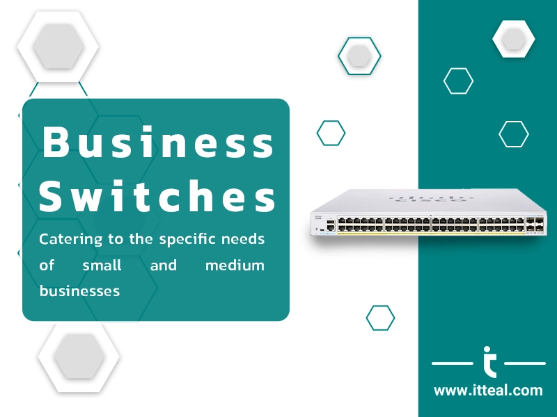 A white Cisco business switch with numerous ports sits on a white surface with a teal background. The text "Business Switches" is above the switch, and "Catering to the specific needs of small and medium businesses" is written below. The logo and website of ITTEAL are in the bottom right corner.