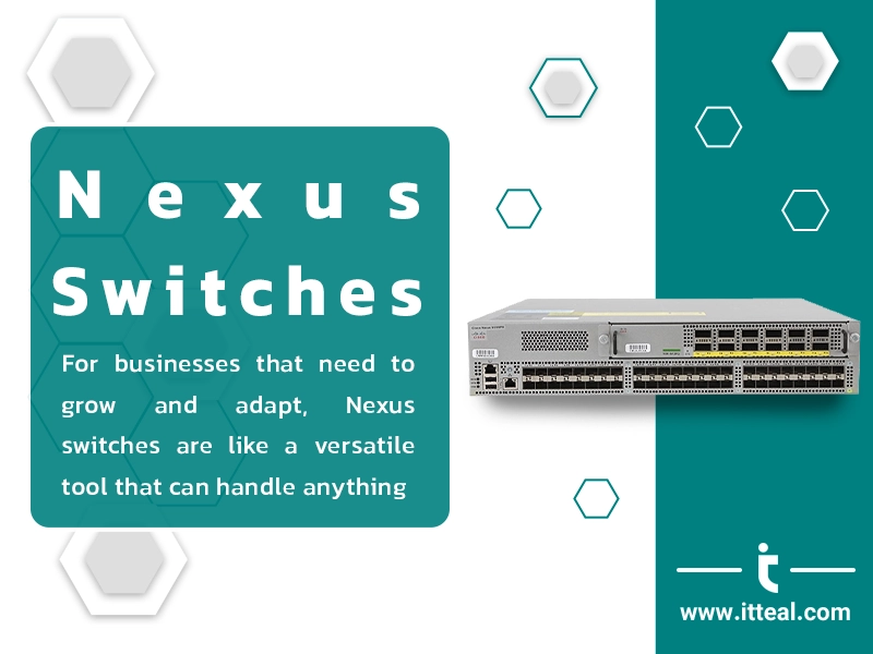 Infographic titled 'Nexus Switches' with a description reading 'For businesses that need to grow and adapt, Nexus switches are like a versatile tool that can handle anything.' The image features a Nexus switch device and the website URL www.itteal.com.