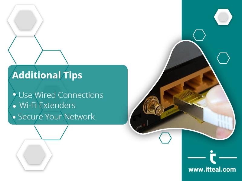 Hand plugging an Ethernet cable into a router with tips on using wired connections, Wi-Fi extenders, and securing your network