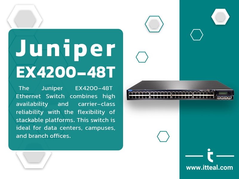 A Juniper EX4200-48T Ethernet Switch, a sleek black 1U rack-mountable device with a front panel displaying numerous Ethernet ports and status LEDs