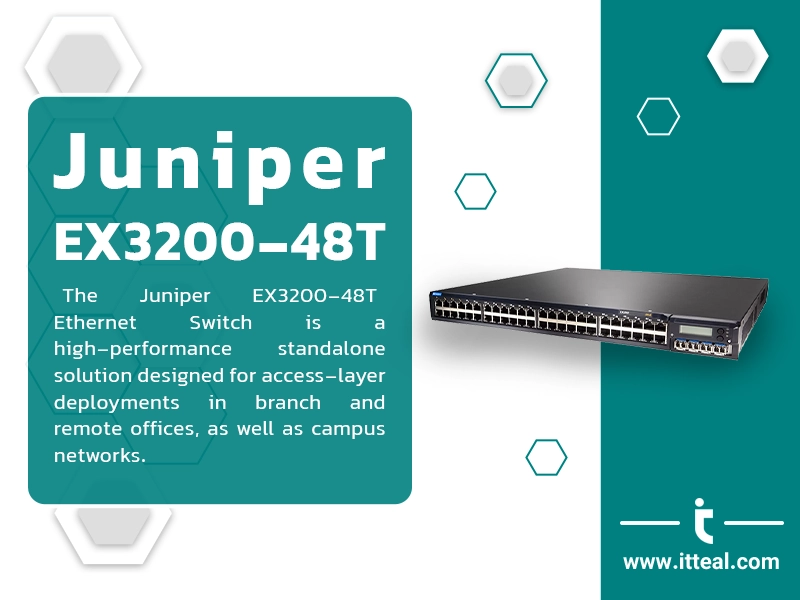 Front view of a Juniper EX3200-48T Ethernet Switch, a black rectangular device with numerous small Ethernet ports and indicator lights on the front panel. Text on the image describes the switch and its purpose.