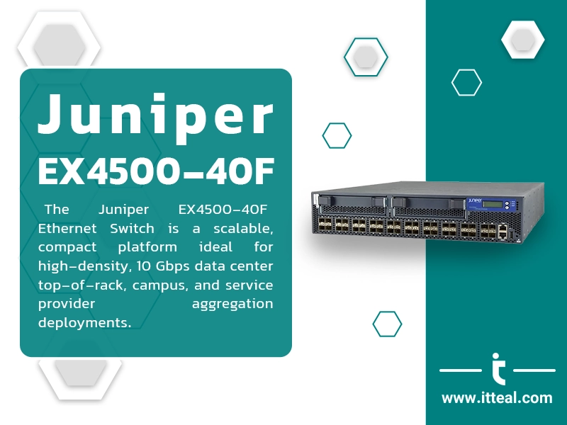 A front view of a Juniper EX4500-40F Ethernet Switch, a high-density 10 Gbps switch designed for data centers and enterprise networks. The switch has 40 small, square ports arranged in rows across the front panel, along with status LEDs and a small display screen. The Juniper logo is visible in the top left corner.