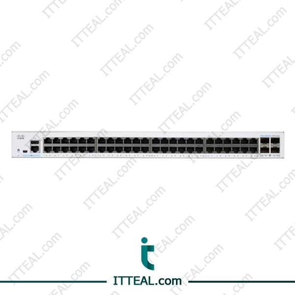 Front view of the Cisco CBS250-48T-4G managed switch featuring 48 Gigabit Ethernet ports